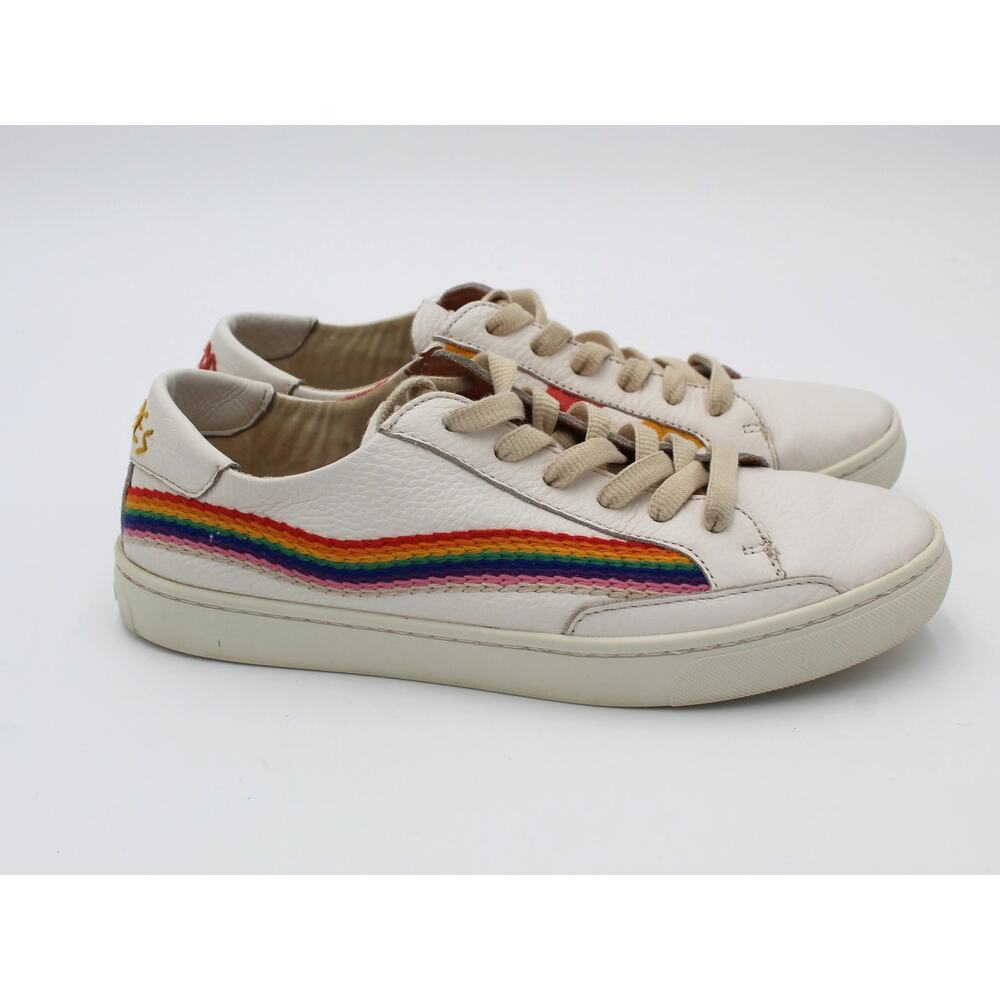 Soludos Sneakers Womens 9.5 White Leather Rainbow Good Vibes Summer Beach Shoe